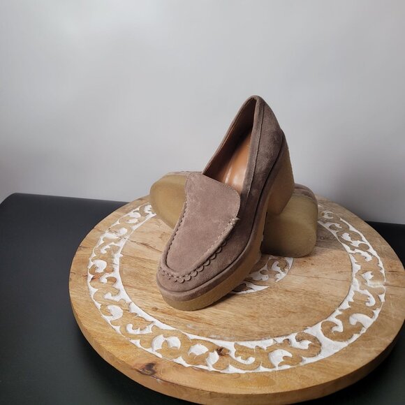 Marc Fisher Mllina Taupe Suede Platform Loafers Size 6.5 Womens Block Heel - Picture 12 of 15